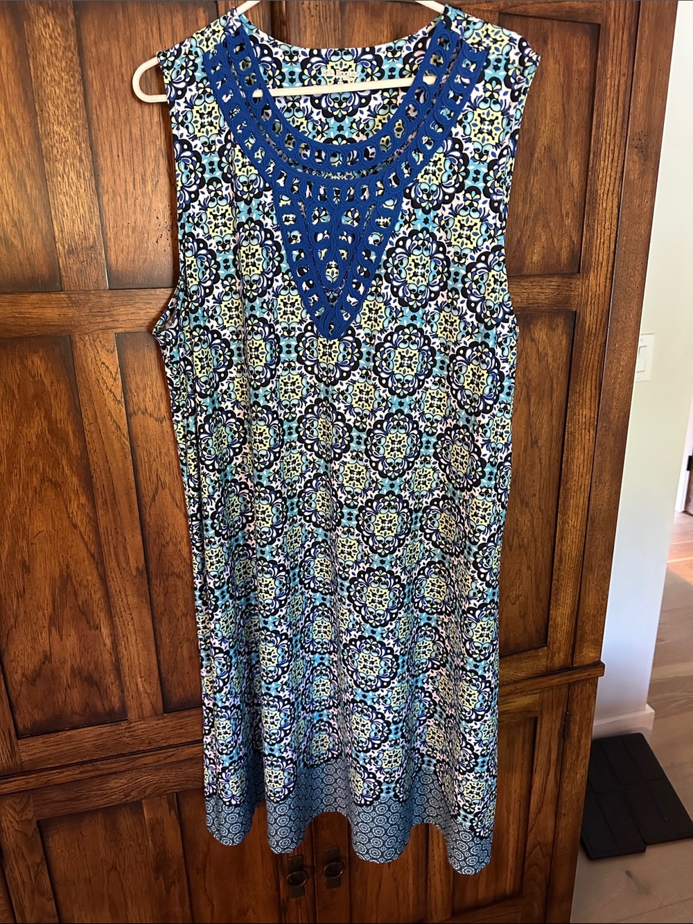 Kim Rogers Blue Mosaic Sleeveless Tunic with Crochet Yoke